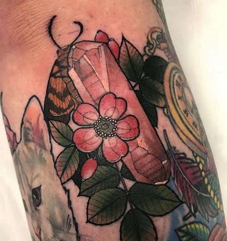 New School小腿蛾子玫瑰宝石纹身图案