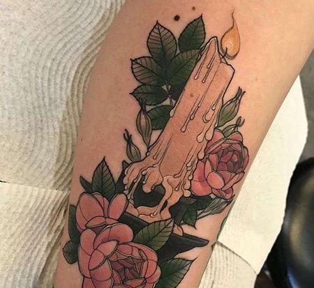 New School小腿蜡烛玫瑰纹身图案
