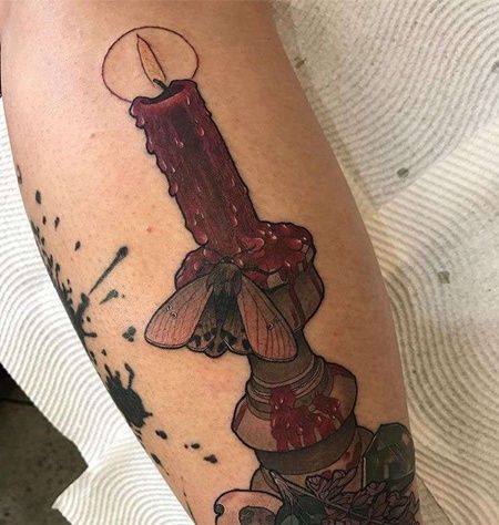 New School小腿蜡烛蛾子纹身图案