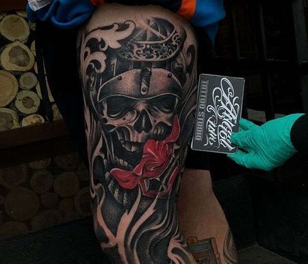 新传统大腿鬼武士纹身图案