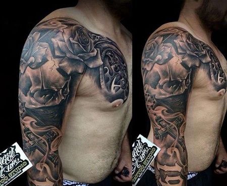 写实胳膊骷髅玫瑰纹身图案