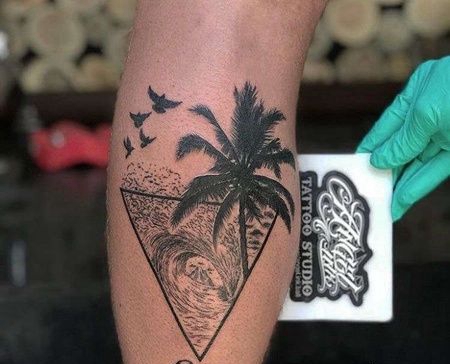 小腿椰子树海浪纹身图案