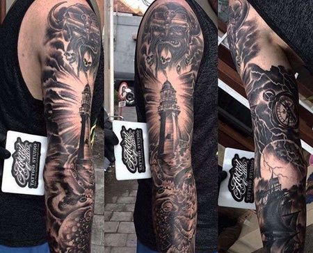 New School胳膊灯塔章鱼纹身图案