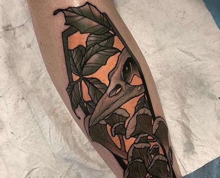 New School小腿蘑菇骷髅纹身图案