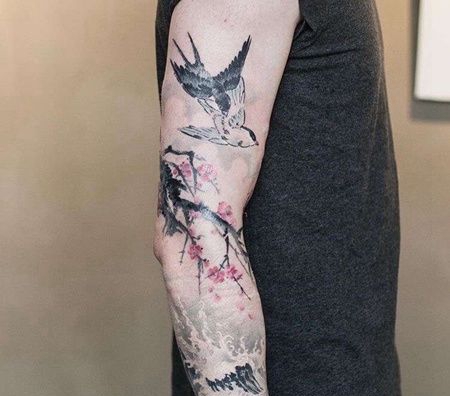 泼墨胳膊海浪燕子梅花纹身图案