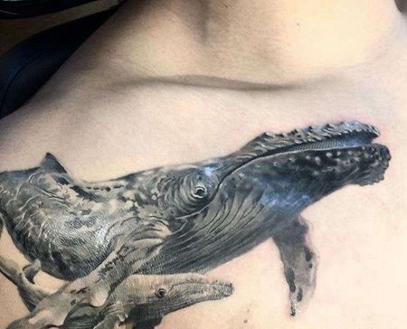 泼墨前胸鲸鱼纹身图案