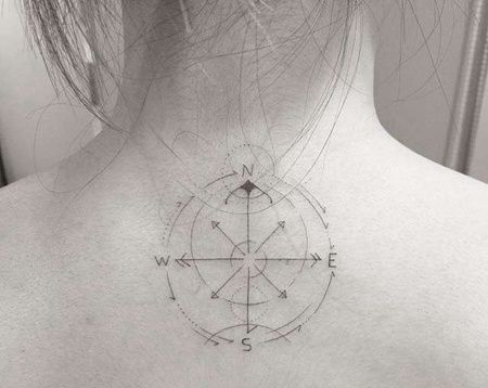 几何后颈指南针纹身图案