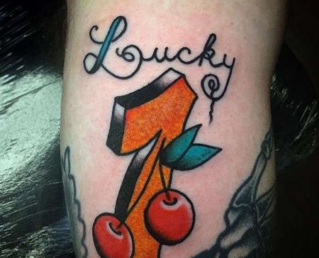 Old School小腿数字樱桃纹身图案