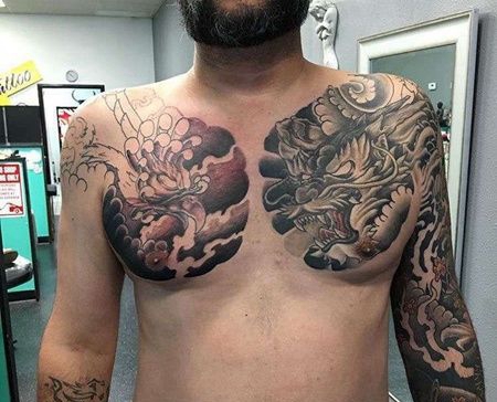 新传统大臂前胸龙凤凰纹身图案