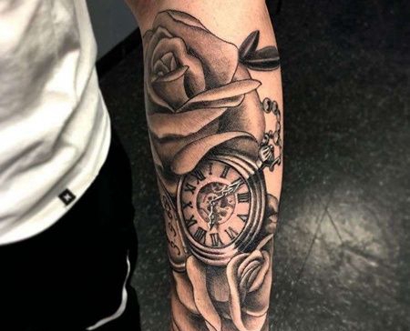 New School小臂玫瑰怀表纹身图案