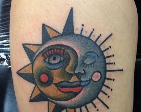 Old School小腿太阳月亮纹身图案