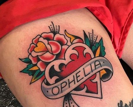 Old School大腿心玫瑰纹身图案