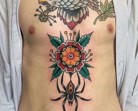 Old School腹部繁花老鹰纹身图案