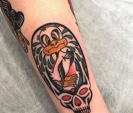 Old School小臂鸭子骷髅纹身图案