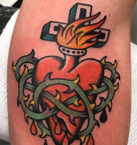 Old School小腿荆棘心纹身图案