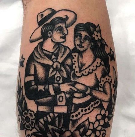 Old School小腿女人牛仔纹身图案