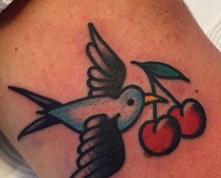 Old School小腿燕子樱桃纹身图案