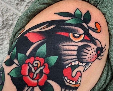 Old School大臂黑豹玫瑰纹身图案