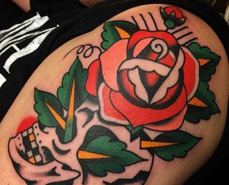 Old School大腿玫瑰骷髅纹身图案