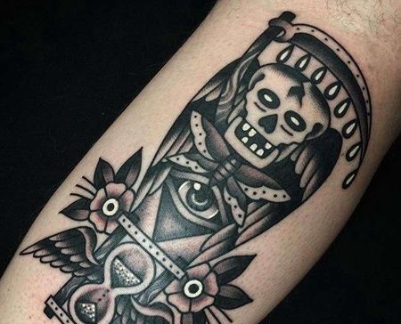 Old School小腿骷髅沙漏纹身图案