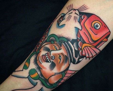 Old School小臂猫鲤鱼纹身图案