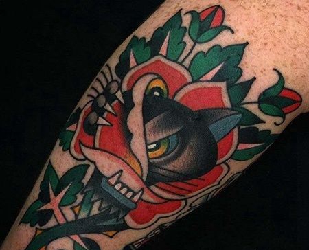 Old School小臂玫瑰黑豹纹身图案