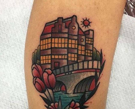 Old School小腿房子纹身图案