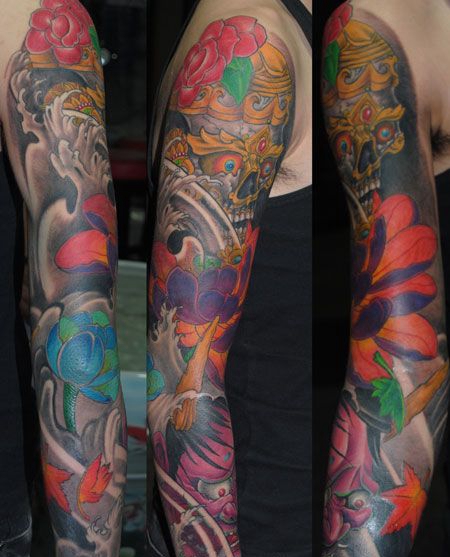 花臂嘎巴拉荷花纹身图案