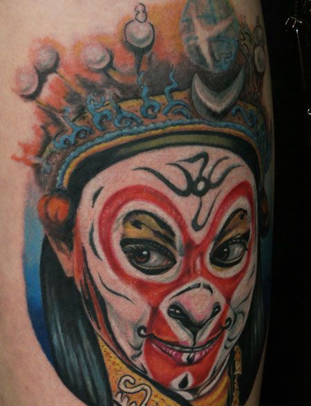 侧腰悟空脸谱纹身图案