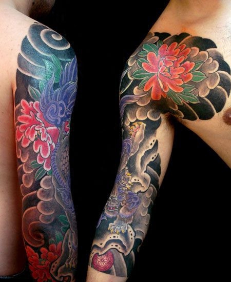 半甲唐狮子牡丹花组合纹身图案