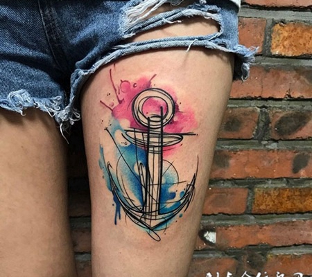 停留的美丽，大腿水彩船锚纹身图案