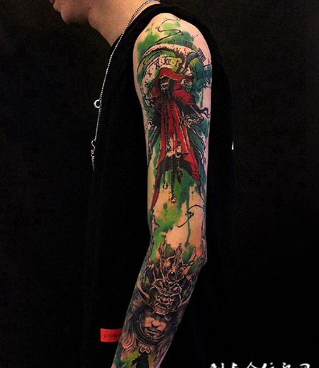 死神与武士，个性拼接水彩花臂纹身