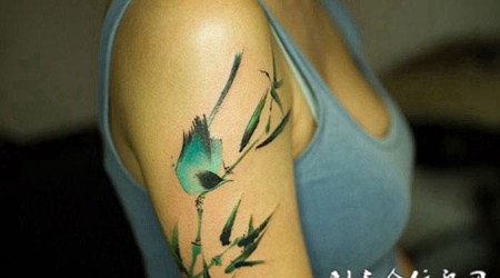 翠竹鸟语，手臂中国风纹身图案