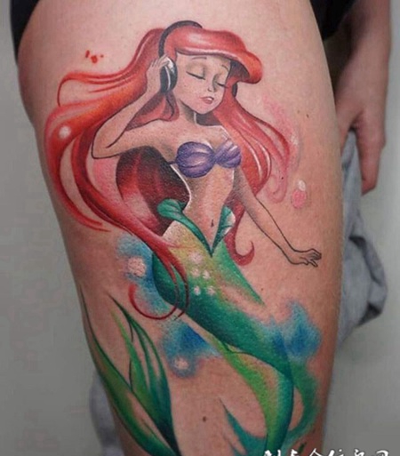 美人鱼之歌，大腿美人鱼卡通彩绘纹身