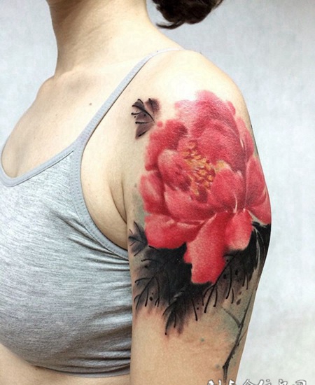 国色天香，手臂水墨牡丹彩绘纹身