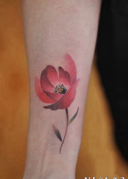 罂粟魅惑，手臂罂粟花彩绘纹身