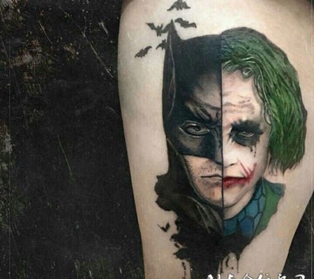 正与邪的较量，大腿蝙蝠侠与小丑个性纹身