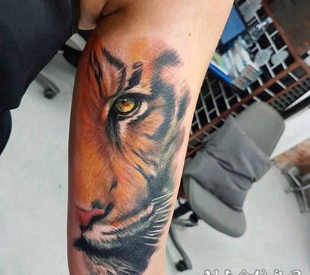 虎视眈眈，手臂虎头彩绘纹身