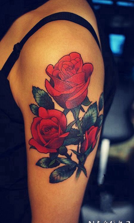 烈火般的娇艳，女生手臂玫瑰花彩绘纹身