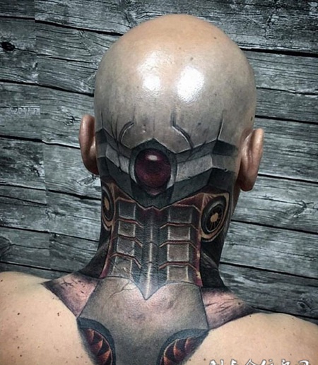 机甲之梦，男人颈部霸气机甲纹身