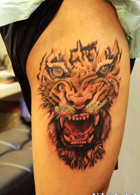 兽王之怒，大腿霸气老虎纹身