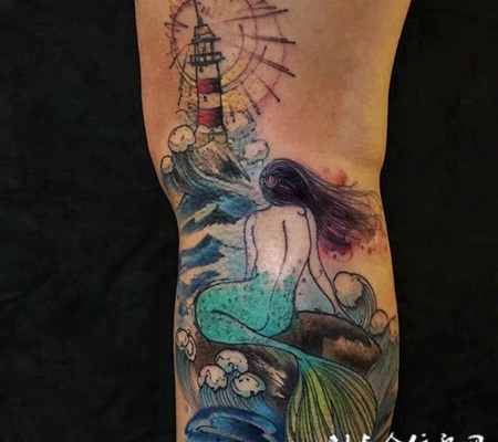 守望的美人鱼，腿部个性美人鱼彩绘纹身