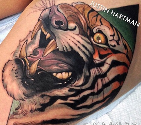 虎王的咆哮，大腿newschool风格老虎个性纹身