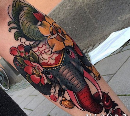 大自然萌物，手臂newschool风格大象纹身