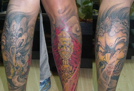 包小腿大黑天降魔杵纹身图案