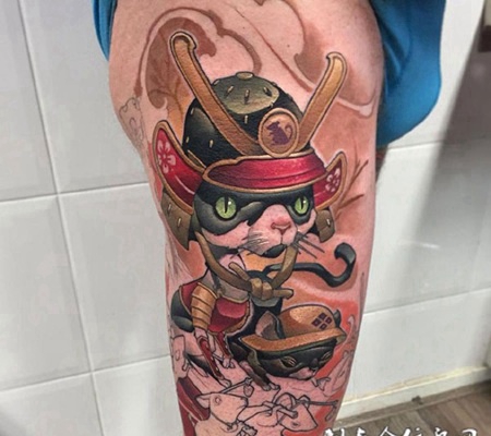 喵星勇士，大腿可爱的猫武士卡通彩绘纹身