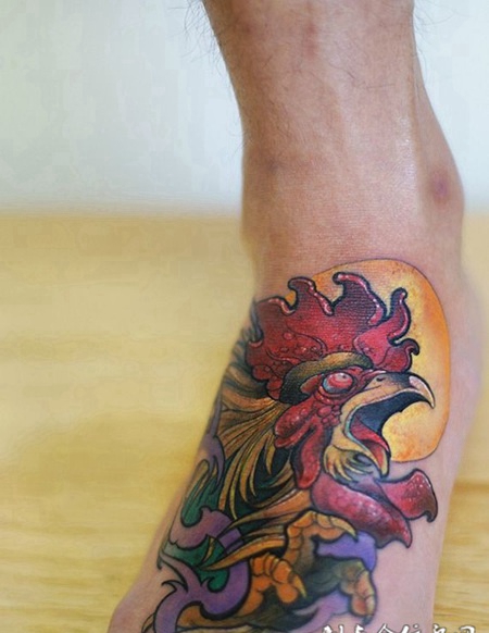 日出鸡鸣，脚背个性雄鸡彩绘纹身