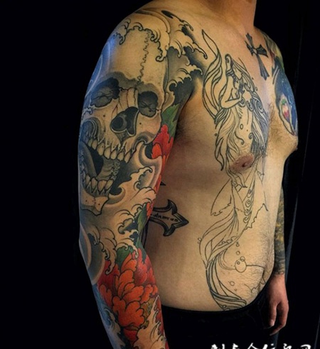 死亡之浪，个性骷髅浪花花臂纹身