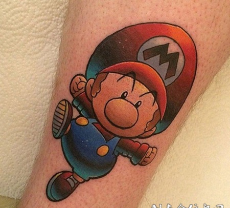 儿时的小英雄，手臂马里奥newschool风格卡通纹身