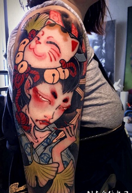 谋生之道，手臂艺妓个性彩绘纹身